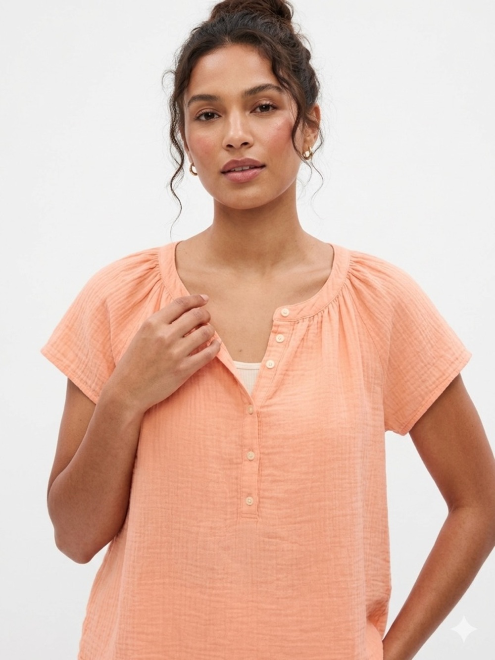 GAP Peach Cotton Crinkle Gauze Henley Top Short Sleeve Boho Chic S
